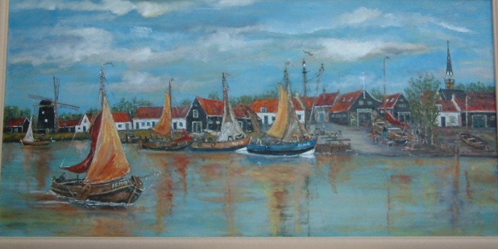 Arnemuiden Haven 120 x 80 cm paneel  doek Jac Caljouw, Maritiem / water, Doek, Ophalen of Verzenden, Olieverf