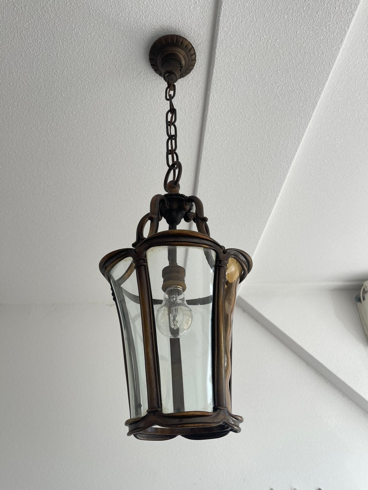 Klassieke vintage hanglamp / lantaarn – brons met glas, Ophalen of Verzenden, Zo goed als nieuw, Glas