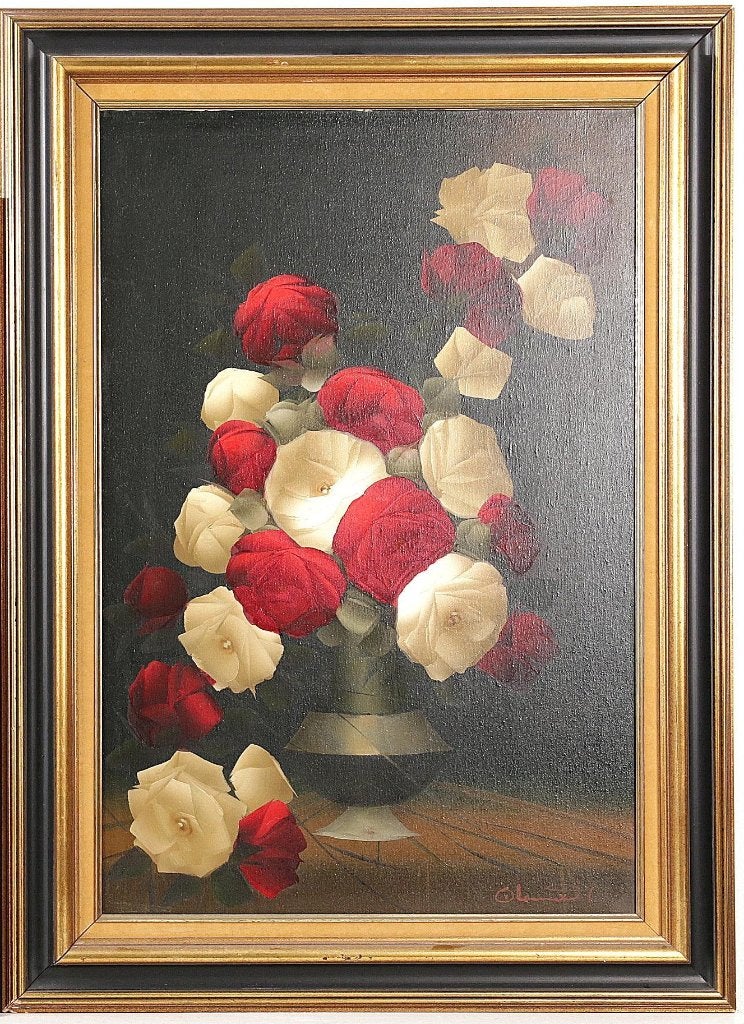 Antiek rozen bloemen schilderij 110 cm circa 1950 zeldzaam, Antiek en Kunst, Kunst | Schilderijen | Klassiek, Ophalen