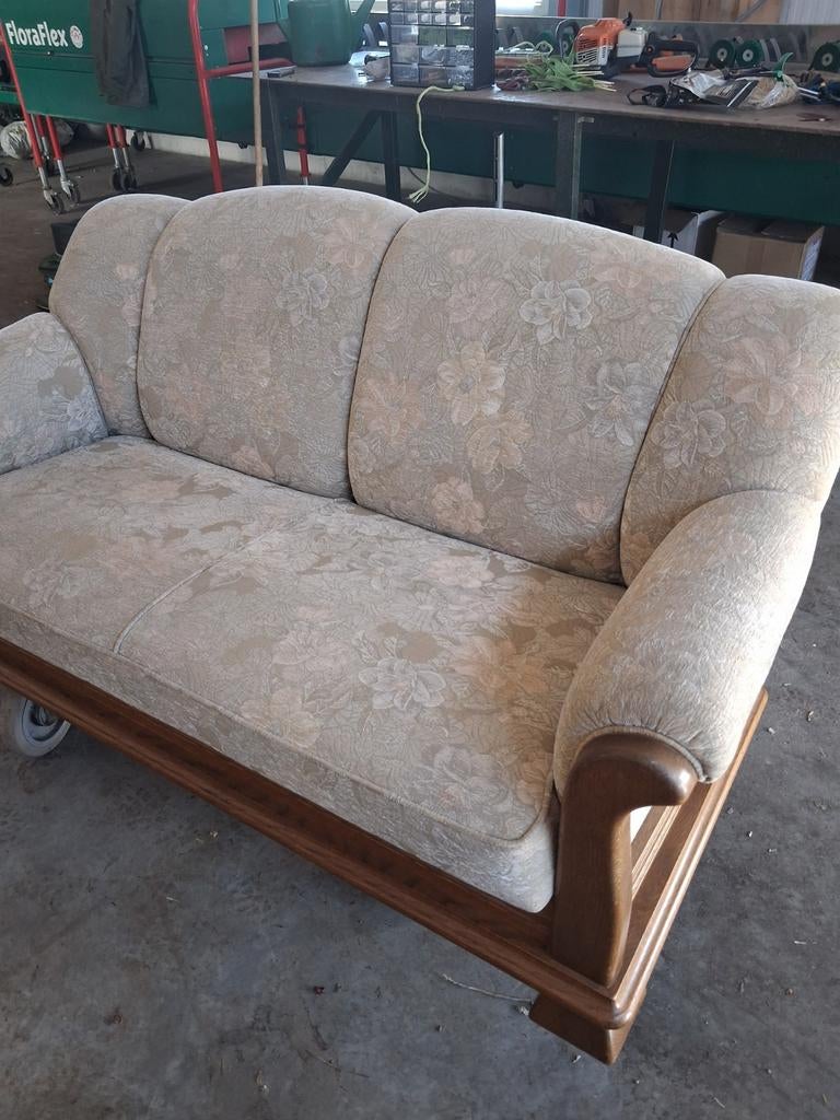 Oisterwijk vintage 3-zits bank met eiken houten frame, Gebruikt, Driepersoons, 75 tot 100 cm, Rechte bank