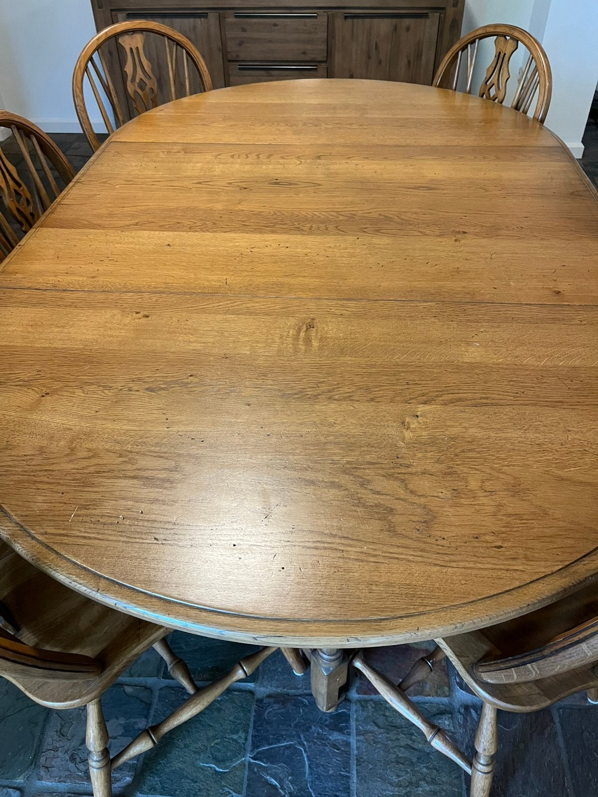 Eetkamer set tafel met 6 stoelen massief eiken, Ophalen, Gebruikt, 4 tot 6 stoelen
