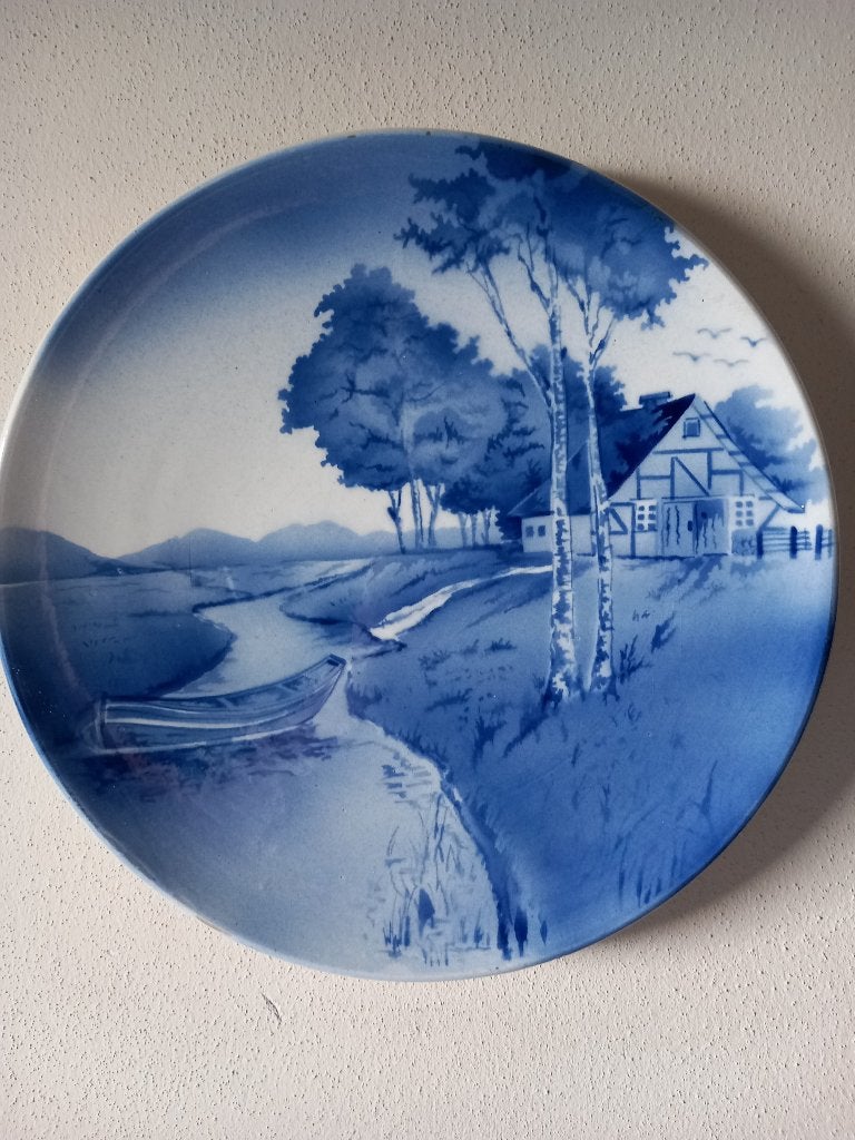 Landschaps-wandbord boerderij met boerenschouw blauw wit, Ophalen of Verzenden