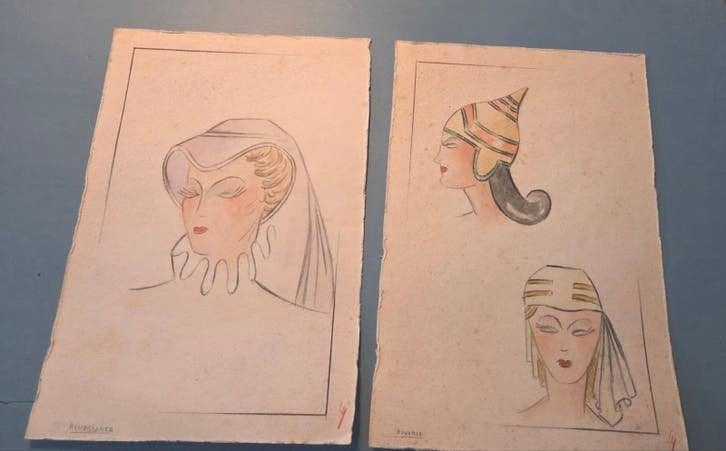 2 antieke Franse tekeningen van mode academie, Ophalen of Verzenden