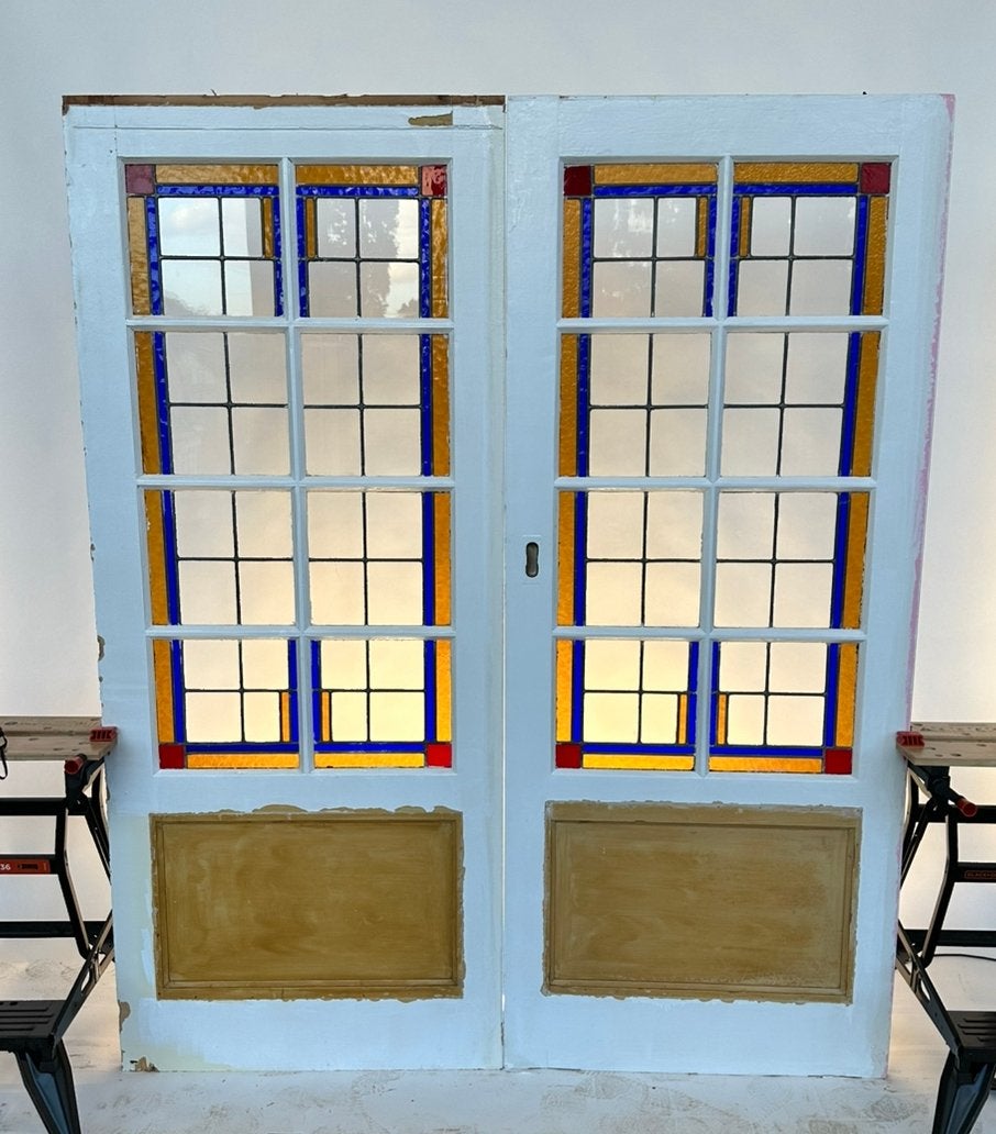 201x83,5 Set ensuite deuren met glas in lood jaren 30, Ophalen, Gebruikt, 80 tot 100 cm, Binnendeur