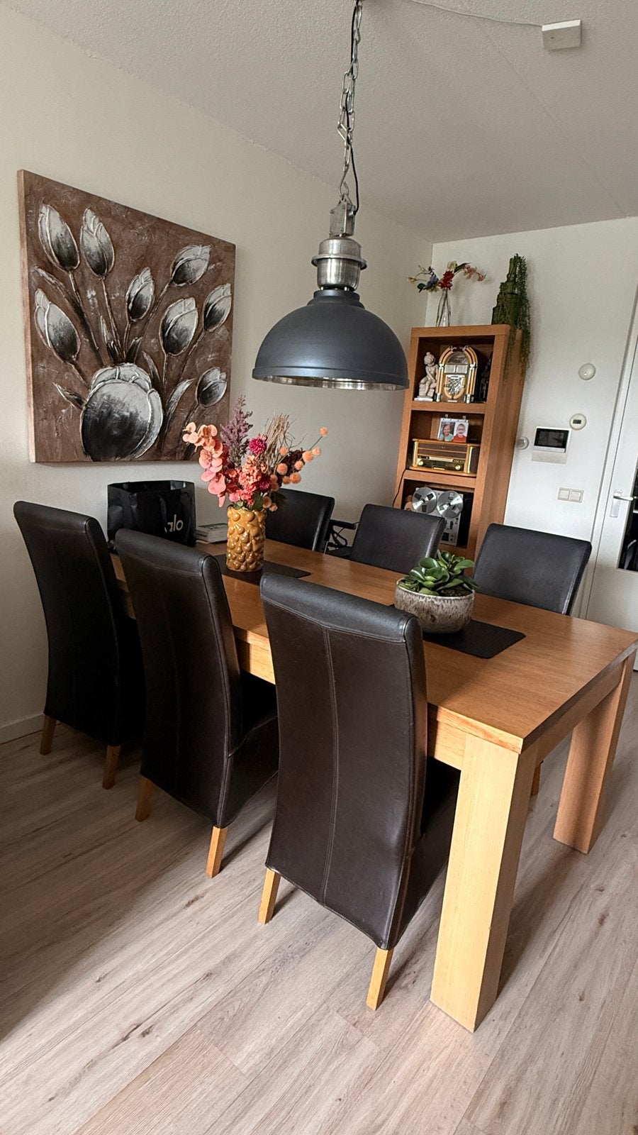 6 Lederen eetkamerstoelen - Donkerbruin, Huis en Inrichting, Ophalen, Gebruikt, Bruin, Leer