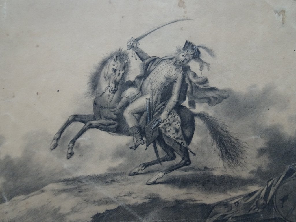 Tekening Napoleontische officier op stijgerend paard, 1814, Ophalen of Verzenden, Tekening, Origineel