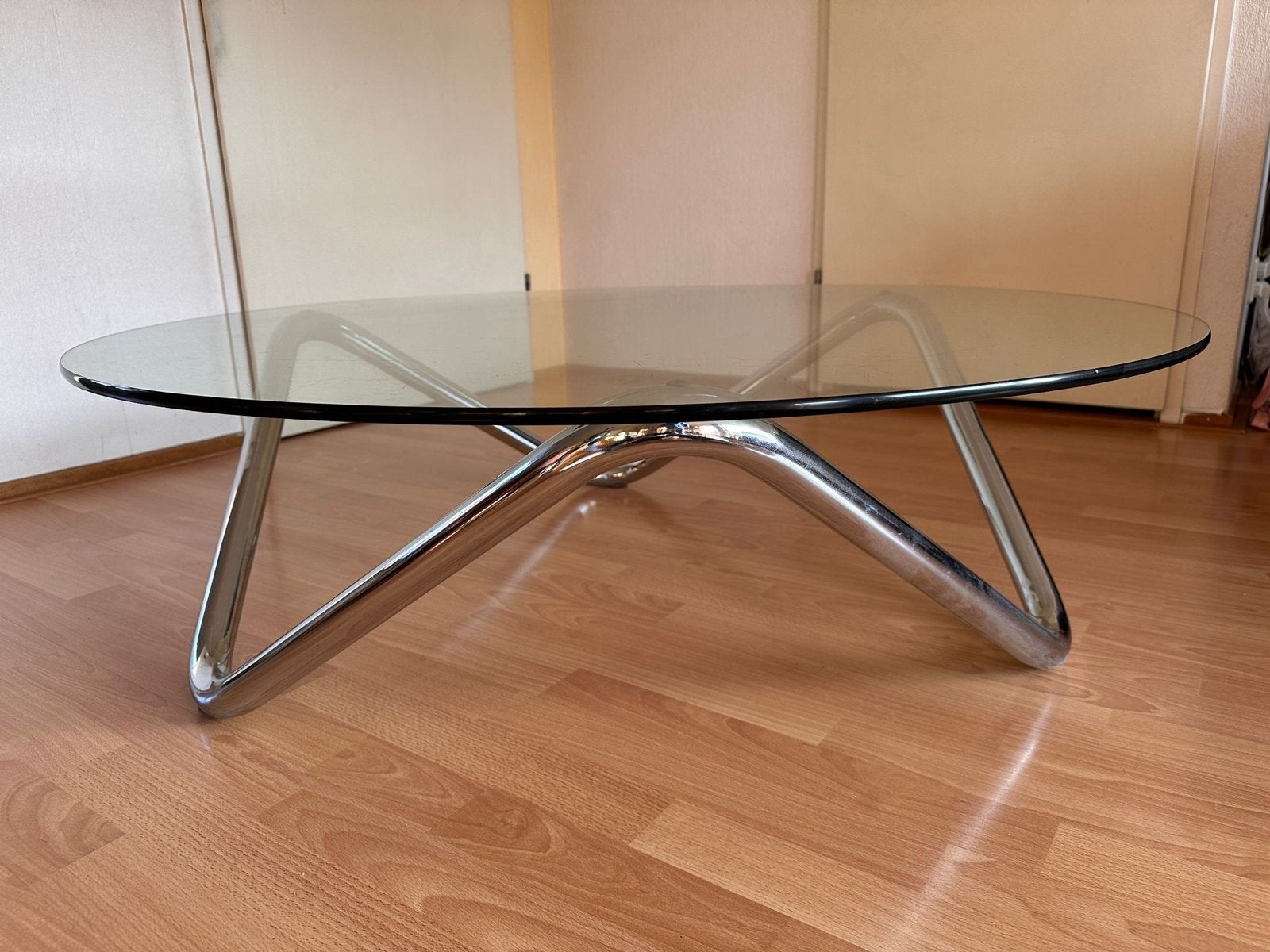 Ronde glazen salontafel met chroom buisframe, Ophalen, Gebruikt, Rond, Glas