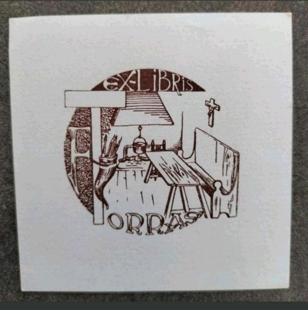 Exlibris Fr. Torras Spanje (kruisbeeld, haard, bank, tafel), 8 cm, 8 cm, Origineel, 1900 - 1949