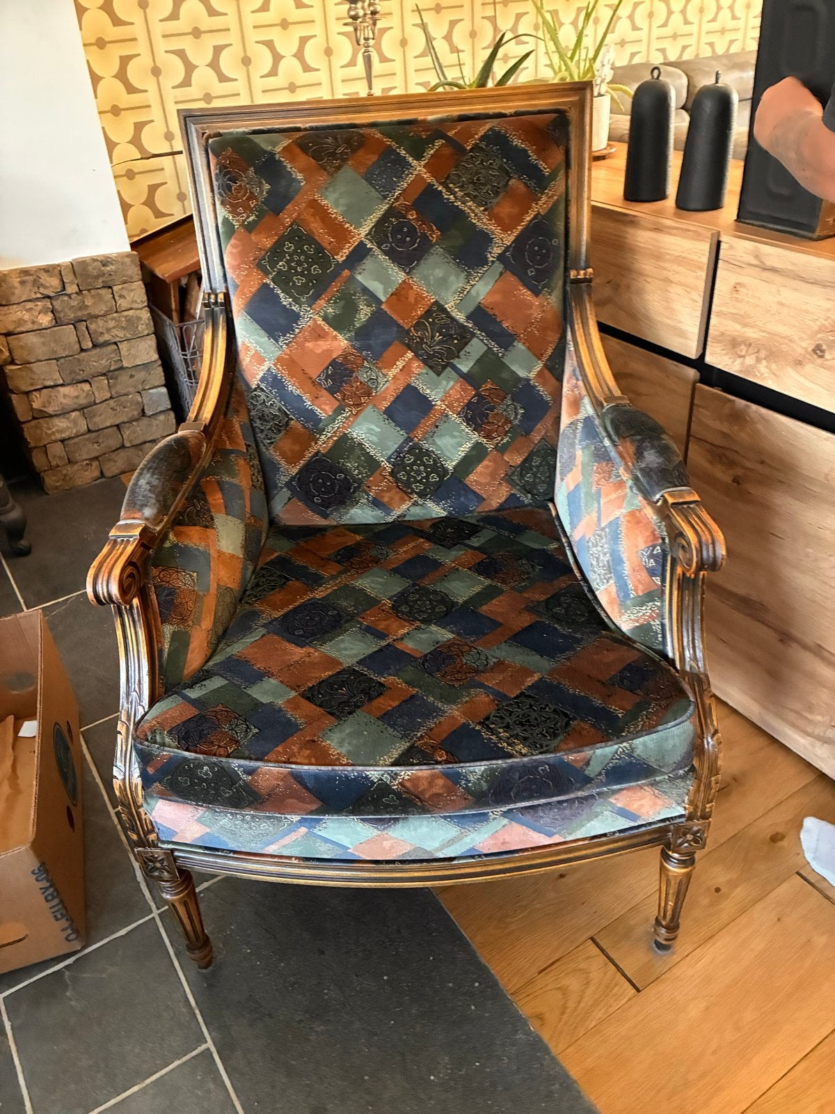 Vintage fauteuil met patchwork bekleding, Ophalen of Verzenden