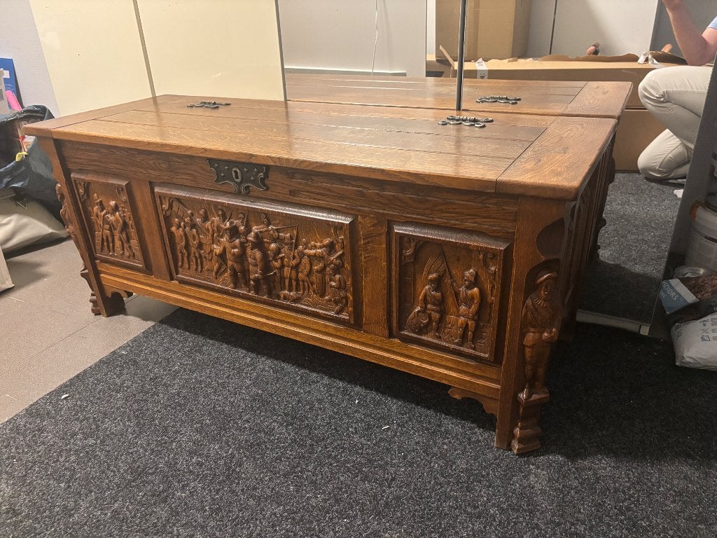 Antieke massief eiken dekenkist (Nachtwacht), Ophalen, 50 – 75, Gebruikt, 100 tot 150 cm