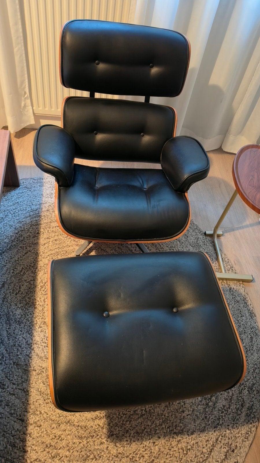 Replica Eames Lounge Chair & Ottoman - Zwart Leer, Ophalen, Gebruikt, Zwart, Design, Modern