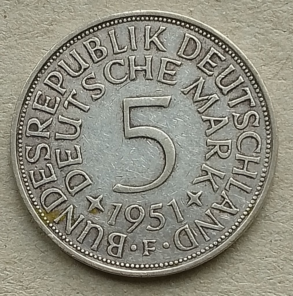 Duitsland, 5 mark 1951 F, Ophalen of Verzenden, Duitsland, Losse munt, Zilver
