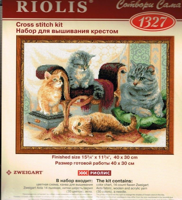 Cado KOOPJE riolis borduurpakket Poes met 3  kittens 1327, Ophalen of Verzenden, Nieuw, Handborduren, Borduurpakket
