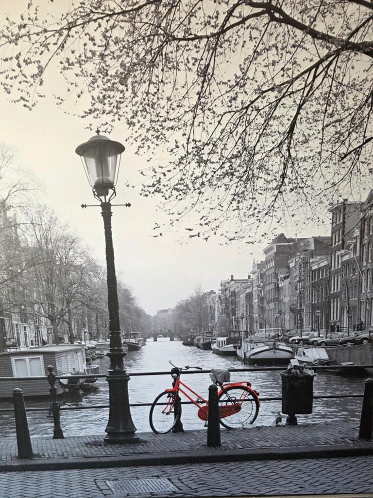wanddecoratie Amsterdam (Rode Fiets) XL 140x100 cm met lijst, Ophalen, Zo goed als nieuw, 125 cm of meer, 75 cm of meer