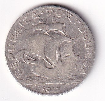 Portugal 5 Escudo 1947 met rand deukje, Ophalen of Verzenden, Overige landen, Losse munt, Zilver