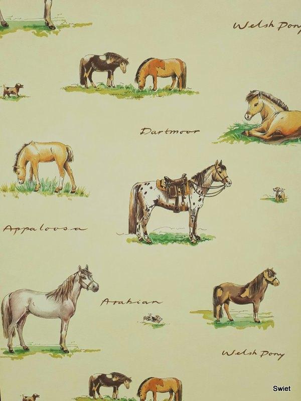 12851 Paarden behang met rassen op botergeel fond swiet, Verzenden, Minder dan 10 m², Zwart