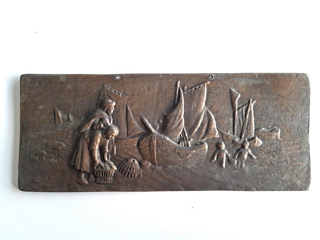 vintage plaquette koper relief schepen, zeilboten antiek, Ophalen of Verzenden, Zo goed als nieuw, Zeilboot, Overige typen