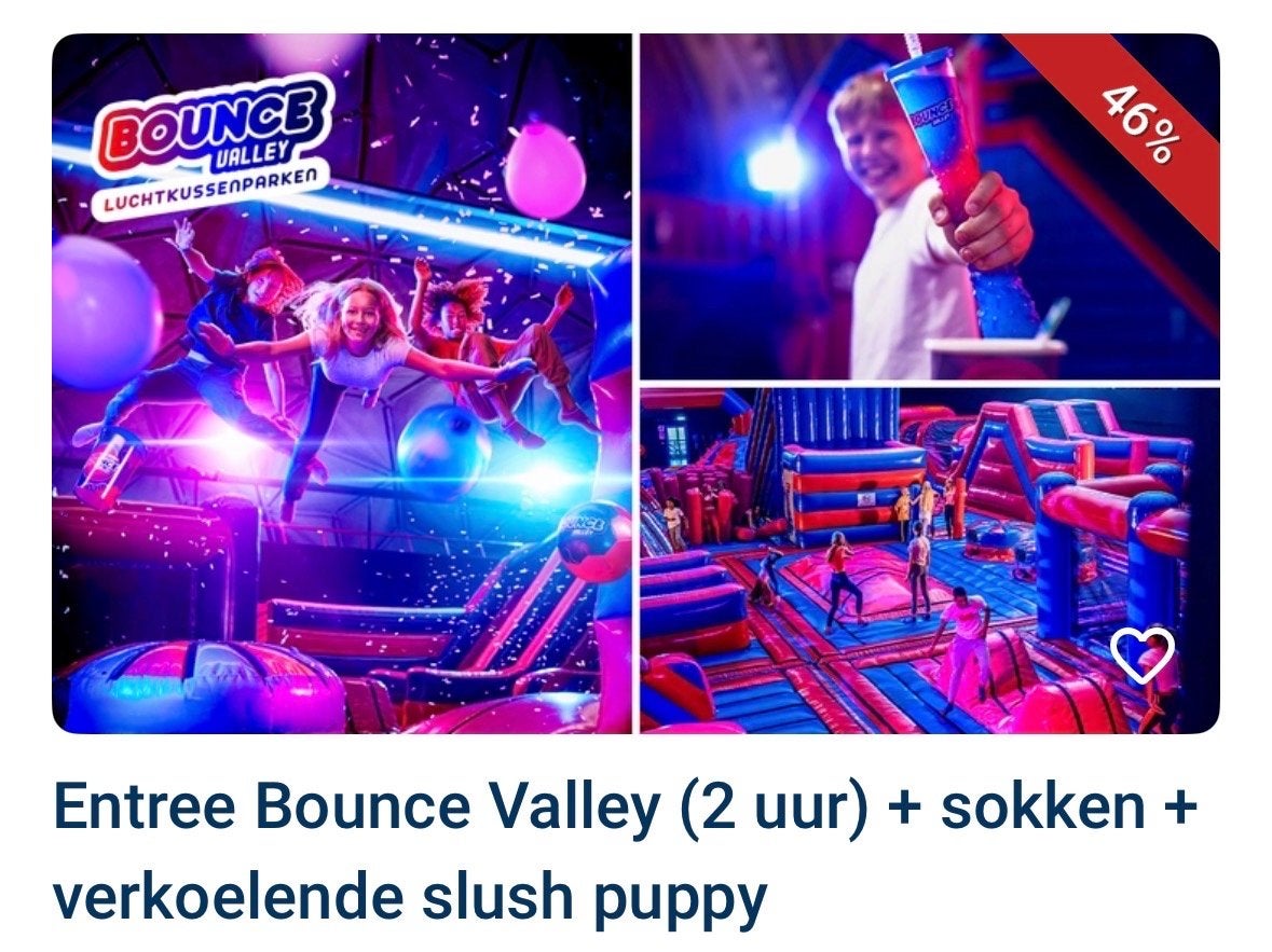 Bounce Valley Houten 2 uur + sokken + slush puppy, Tickets en Kaartjes, Twee personen, Ticket of Toegangskaart