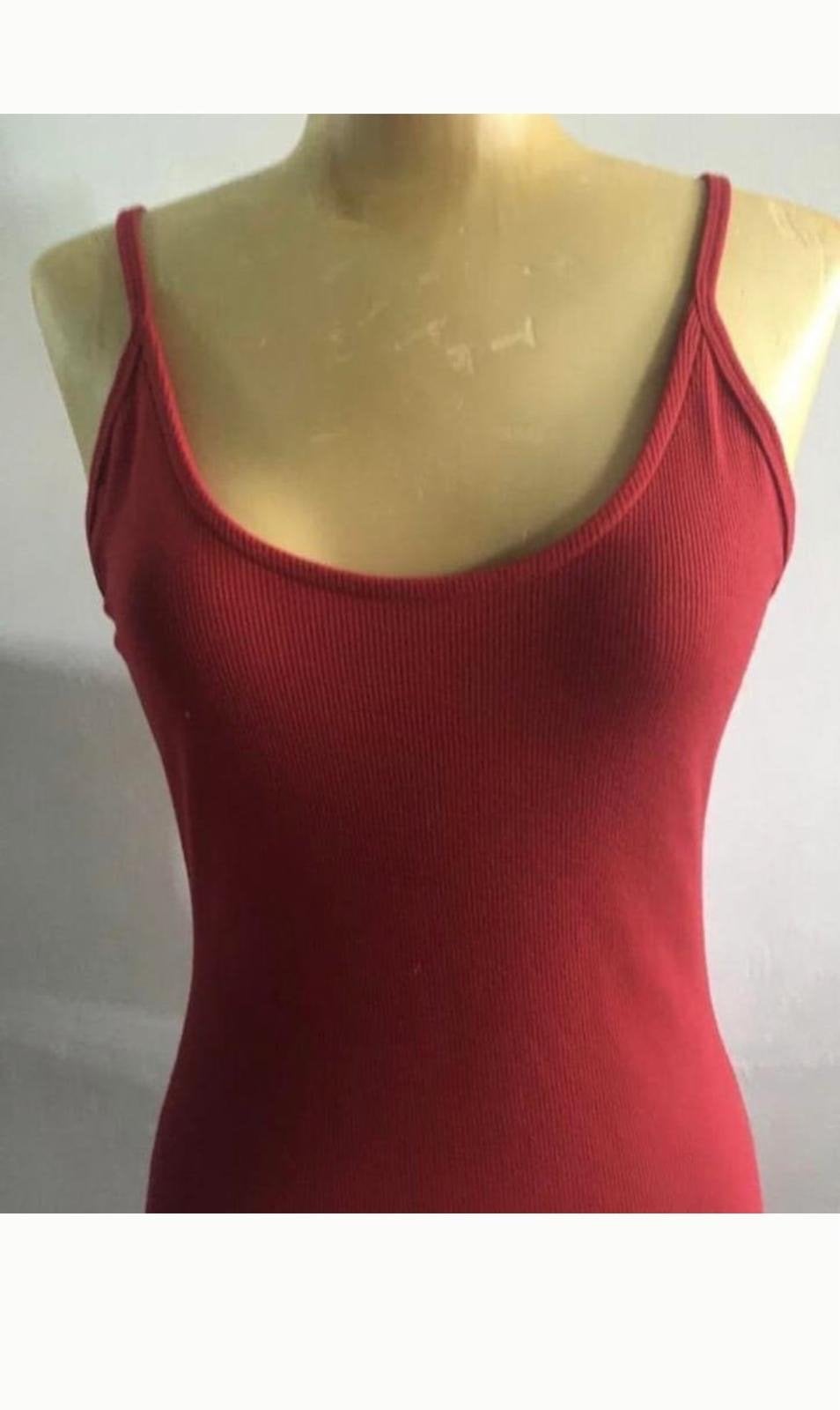 Rode Ribgebreide Jurk met Spaghettibandjes, Ophalen, Knielengte, Maat 34 (XS) of kleiner, Gedragen