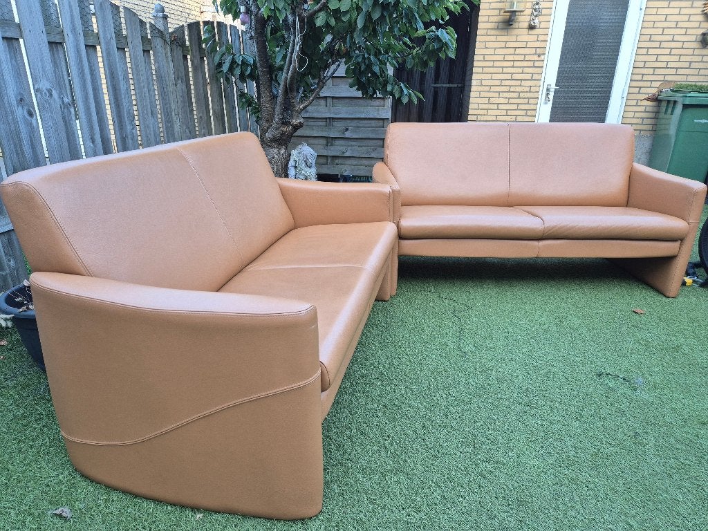 Mooi lederen Bankstel 2 + 2.5 zits, Ophalen, 150 tot 200 cm, Zo goed als nieuw, Rechte bank