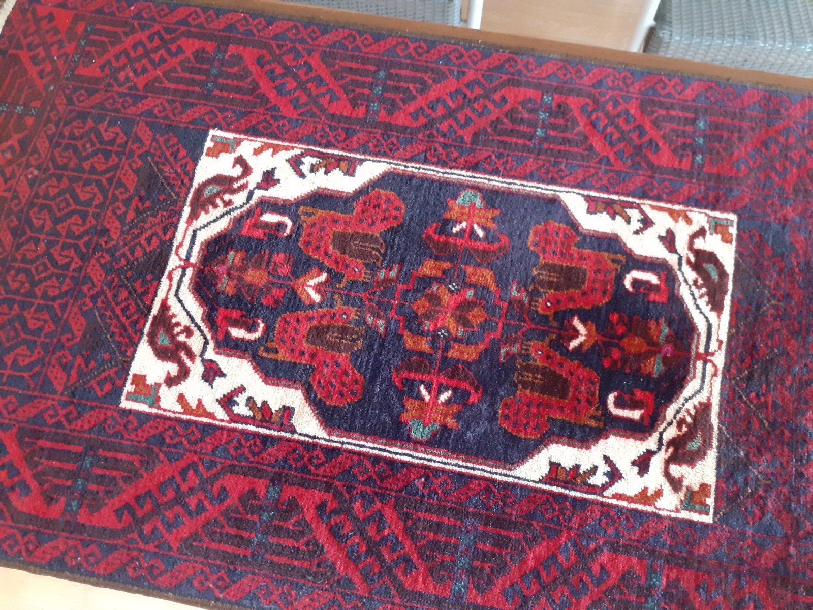 Vintage Perzisch tapijt/tafelkleed - Rood/Blauw, Huis en Inrichting, Stoffering | Tapijten en Kleden, Ophalen, Gebruikt, 100 tot 150 cm