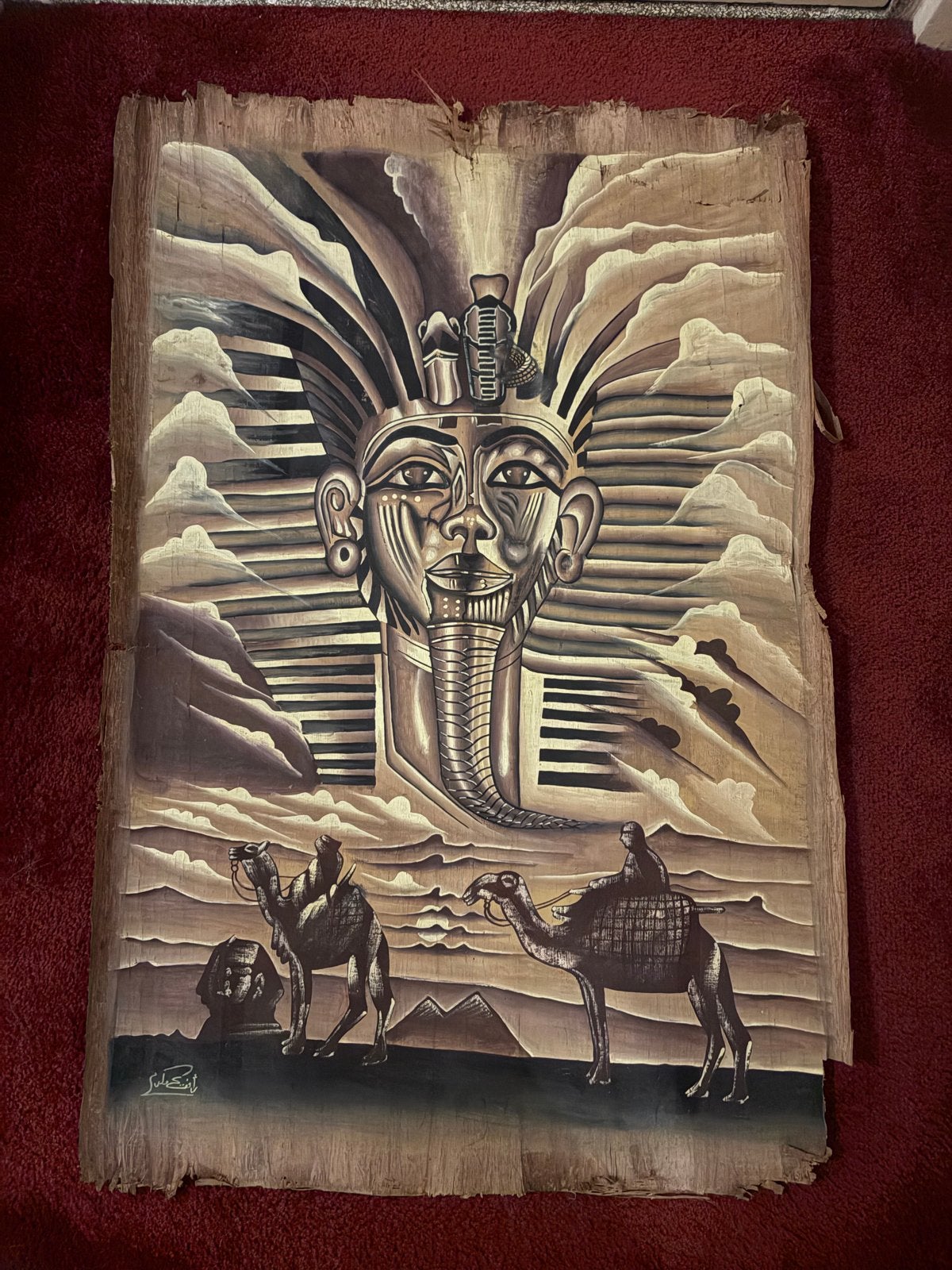Egyptisch Papyrus Schilderij Toetanchamon & Kamelen, Antiek en Kunst, Realistisch, Ophalen of Verzenden, Gesigneerd, Overige onderwerpen