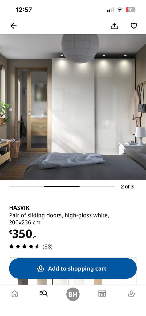 IKEA HASVIK Schuifdeuren Wit Hoogglans (200x236cm), Kunststof, 200 cm of meer, Ophalen of Verzenden, Zo goed als nieuw