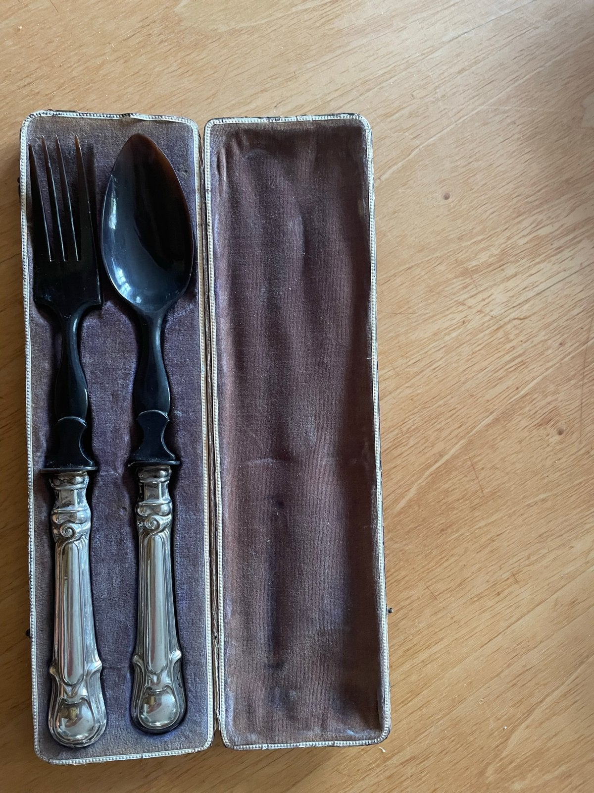 Zeldzaam Jugendstil Saladebestek met Hoornen Uiteinden, Antiek en Kunst, Ophalen of Verzenden