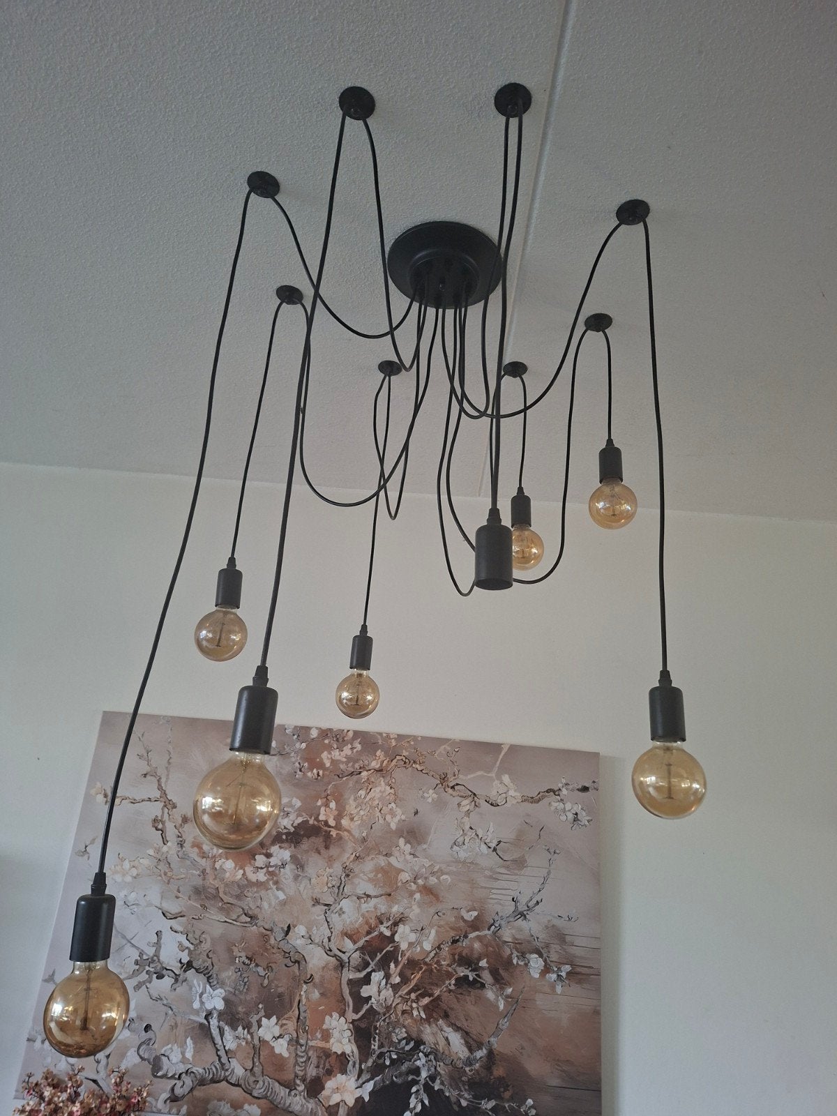 Moderne 'spin' plafondlamp - Zwart, 8-lichts, Huis en Inrichting, Lampen | Hanglampen, Gebruikt, Modern, Industrieel, Speels, Metaal