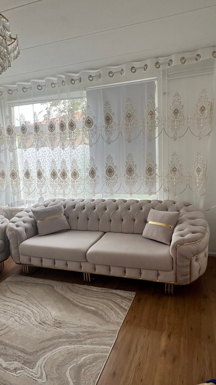 Luxe 3-zits bank met fauteuil en salontafels, Ophalen, Driepersoons, 75 tot 100 cm, Zo goed als nieuw