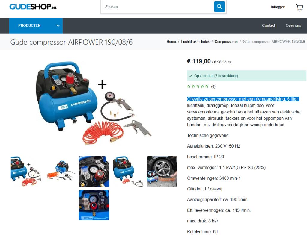 Güde compressor AIRPOWER 190/08/6, Doe-het-zelf en Verbouw, Compressors, Ophalen, 100 liter of meer, Nieuw, Minder dan 200 liter/min