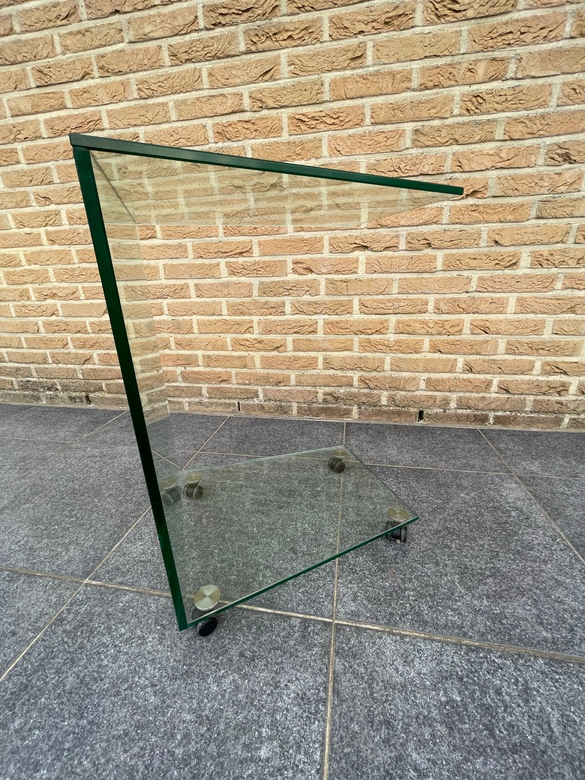 2x Glazen bijzettafel/plantentafel met donkergroene rand, Ophalen, Minder dan 45 cm, Minder dan 55 cm, Gebruikt