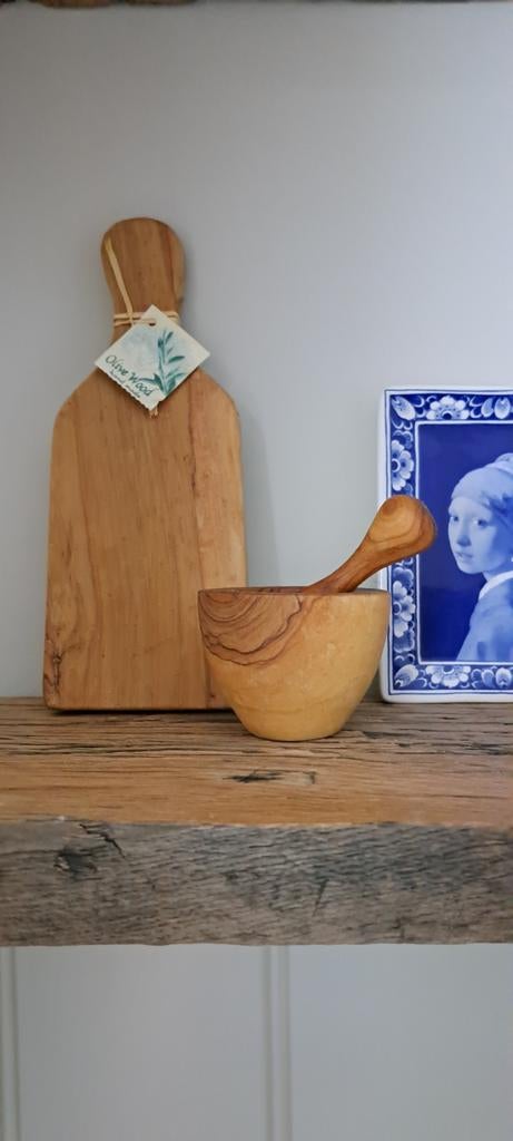 Olijfhout plankje, vijzel met stamper, Snij-/serveerplank, Ophalen of Verzenden, Nieuw, Hout