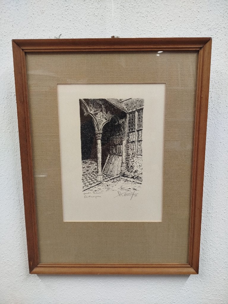 Pentekening “de Oude Beurs-Antwerpen” H.Lauriks '72 in kader, Antiek en Kunst, Ophalen of Verzenden