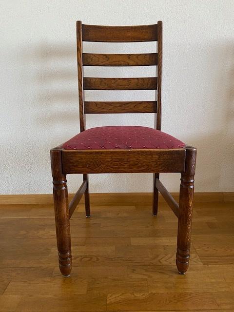 4 eetkamer stoelen van eiken hout met stoffen zitting, Ophalen, Minder dan 50 cm, Gebruikt, Eikenhout