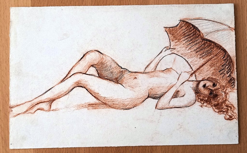 A493-8 Oude tekening Dame liggend onder parasol, Ophalen of Verzenden