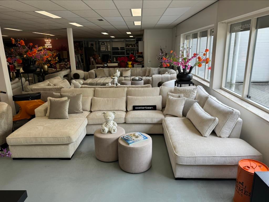 Luxe Velvet Teddy U-bank Costa 195x370x250cm Beige Wit Uniek, Huis en Inrichting, Banken | Bankstellen, Nieuw, Hoekbank, Vierpersoons of meer