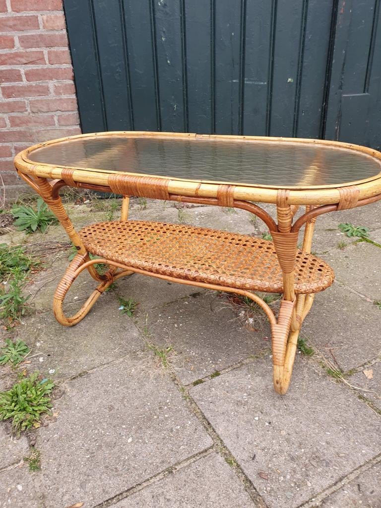 Vintage Rotan salon tafel., Huis en Inrichting, Tafels | Salontafels, Ophalen, Gebruikt, 50 tot 100 cm, 50 tot 100 cm