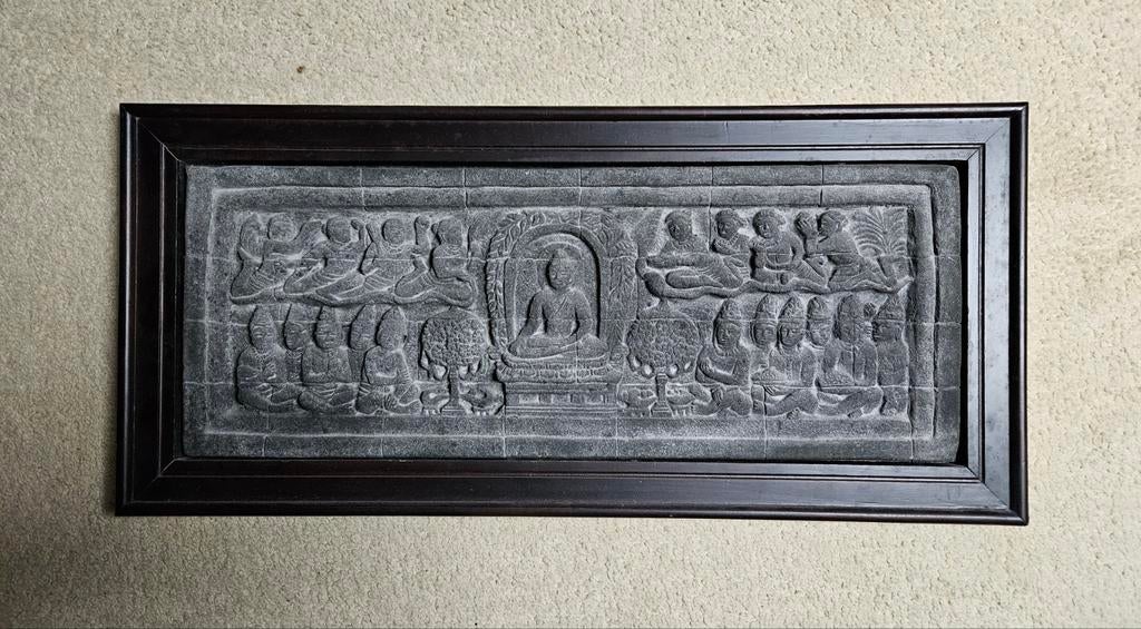 Buddha Borobudur reliëf in houten lijst 29 x 64 cm, Ophalen
