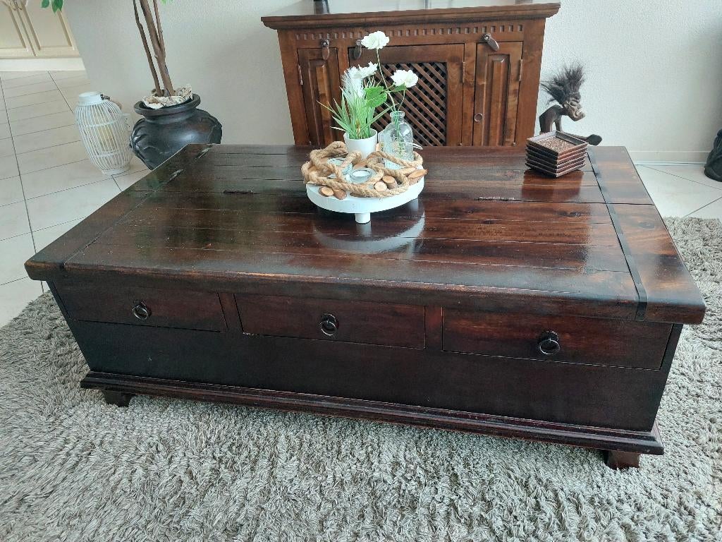 Koloniale opberg kist teak salontafel, Ophalen, Gebruikt, 100 tot 150 cm, Minder dan 50 cm