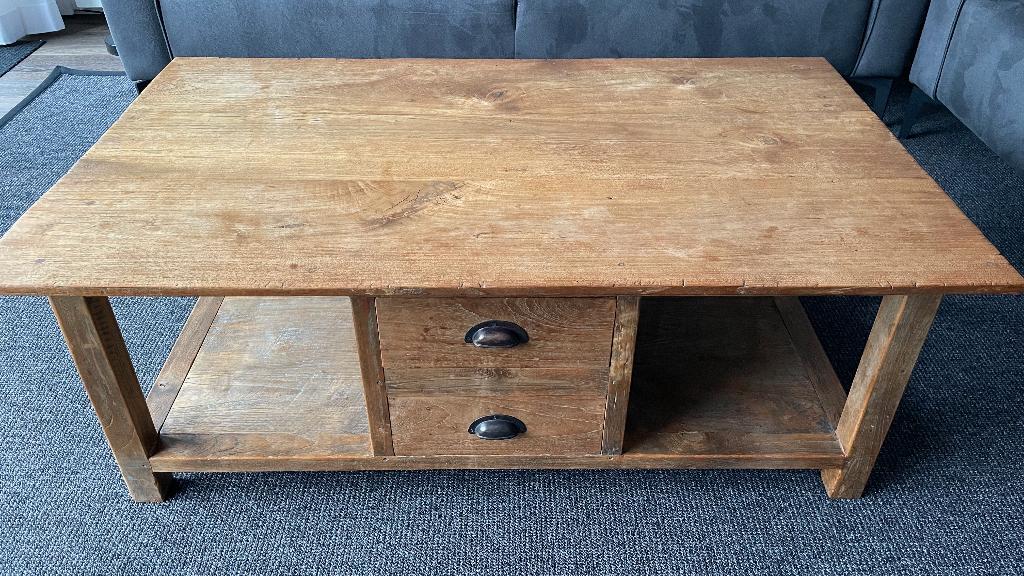 Teakhouten salontafel met lades, Ophalen, Gebruikt, 100 tot 150 cm, Teakhout
