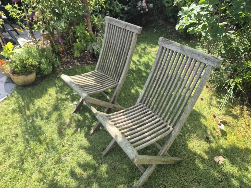 2 Teakhouten tuinstoelen, Ophalen, Gebruikt, Teakhout, Inklapbaar