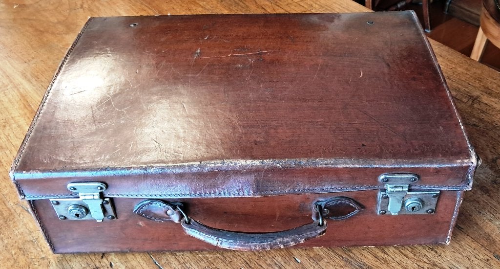 Oude antieke leren koffer, zilverkleurig beslag, 1920?, Ophalen of Verzenden