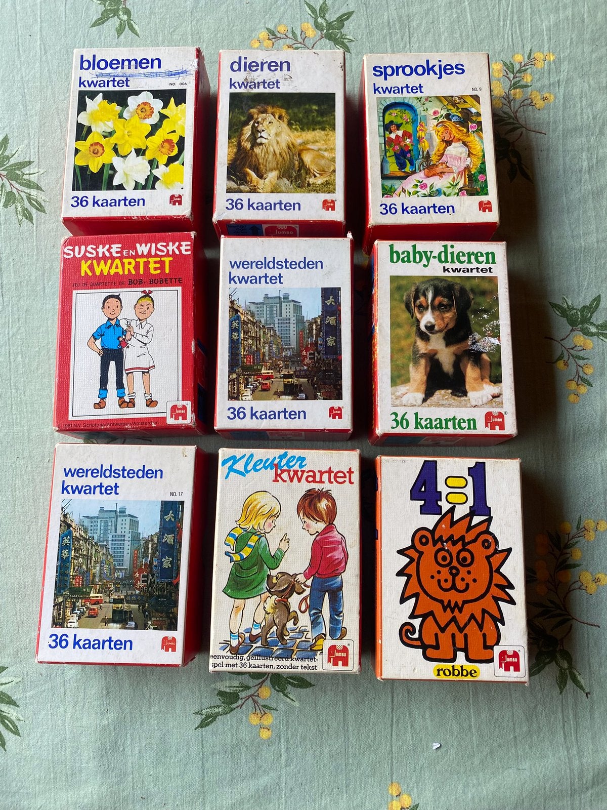 9 Jumbo kwartet spelen,wereldsteden,suske en wiske,babydier, Ophalen of Verzenden, Gebruikt, Kwartet(ten)