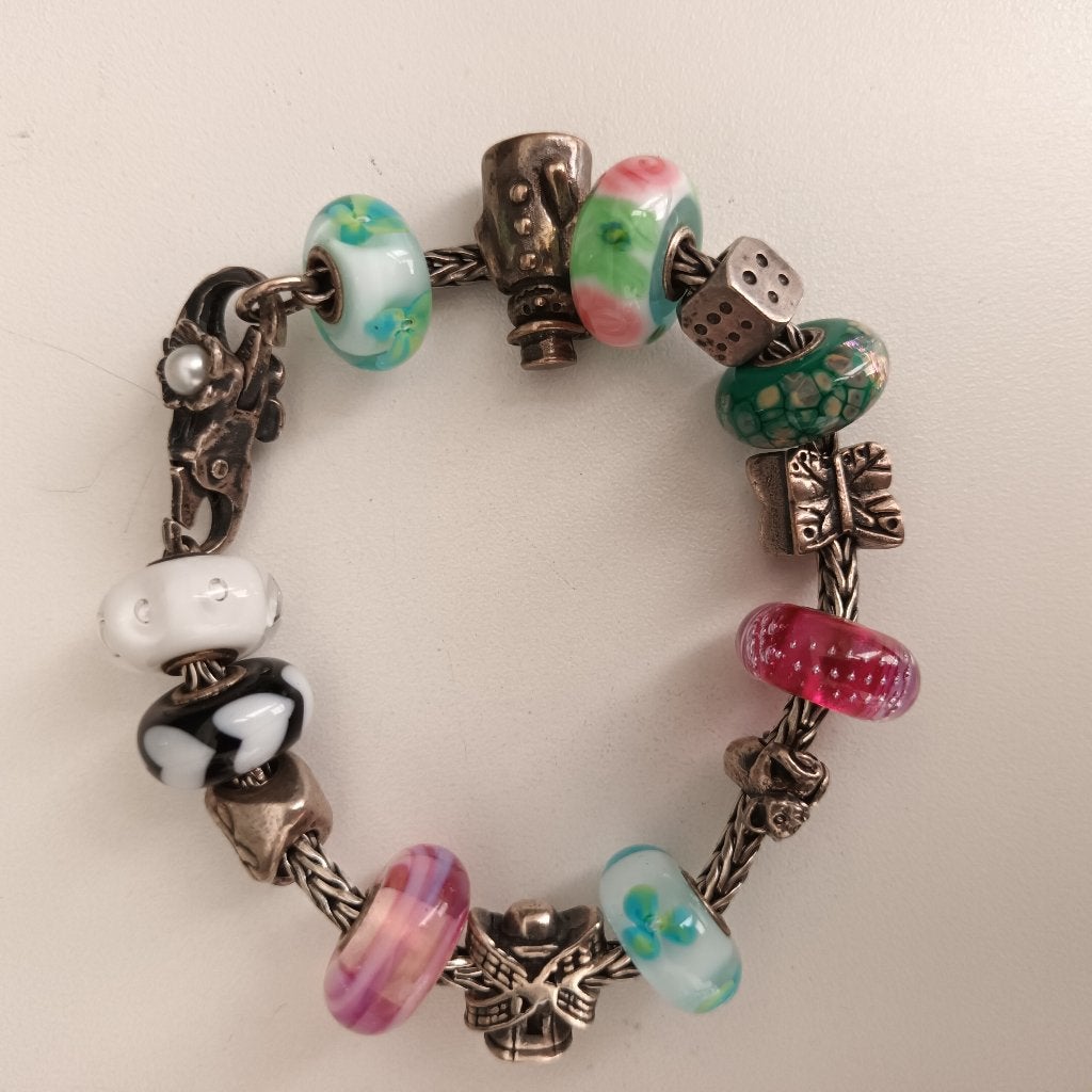 Trollbeads armband met 6 zilveren en 8 murano glas bedels, Ophalen of Verzenden, Zo goed als nieuw, Trollbeads, 4 bedels of meer