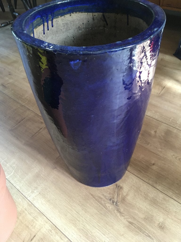 grote geglazuurde blauwe bloempot, Gebruikt, Rond, Balkon, Aardewerk