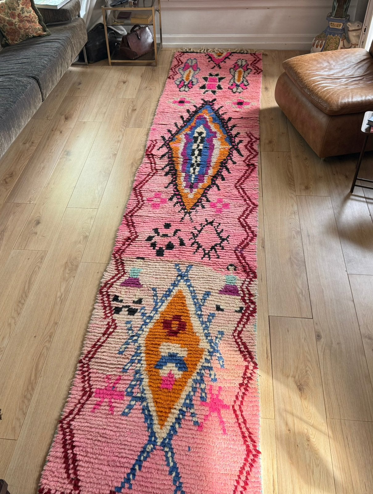 Vintage Marokkaanse Boujaad loper – 418 x 79 cm, Bohemian | Eclectisch | Vintage | Marokkaans, Blauw, Info@bababoho.com, 1053ML Amsterdam