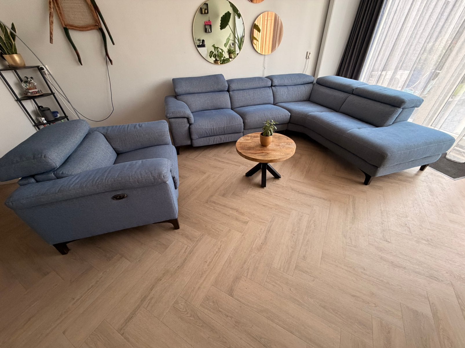 Comfortabele Hoekbank met Fauteuil - Blauw Stof, Ophalen, Gebruikt, 100 tot 125 cm, Hoekbank