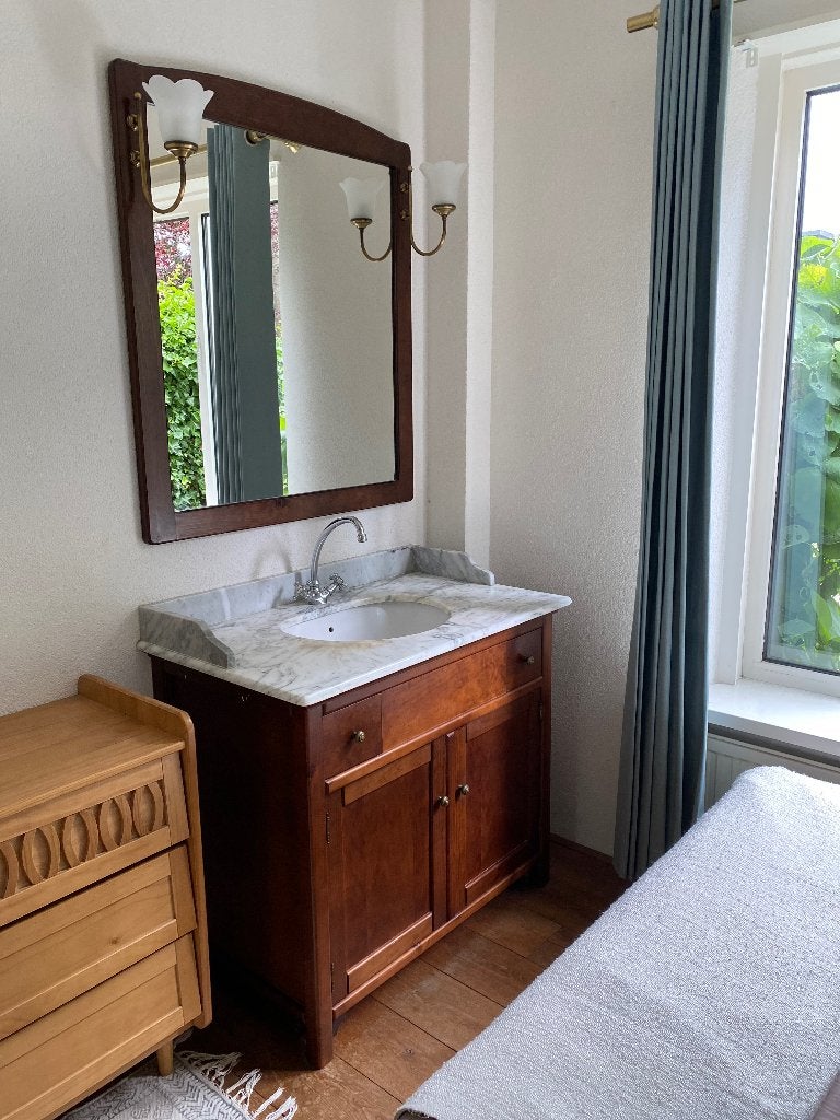 Vintage wastafelmeubel + spiegel | Marmeren blad, Ophalen, Gebruikt, 50 tot 100 cm, Minder dan 100 cm
