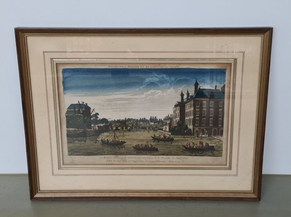 vintage antieke handgekleurde gravure Amstel Amsterdam, Antiek en Kunst, 57 cm, Stadsgezicht, Ophalen of Verzenden, Gravure